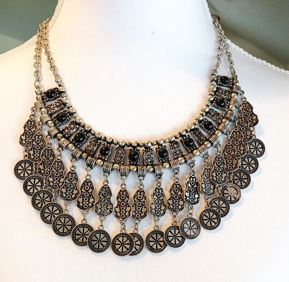 Silver Tone Ethnic Tribal Bib Necklace